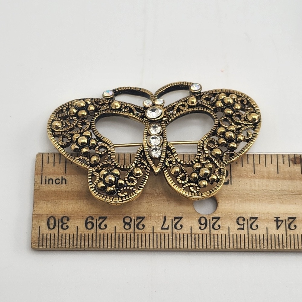 Vintage Art‎ Deco Gold Tone Clear & Amber Glass Rhinestone Butterfly Brooch/ Pin - Picture 3 of 3